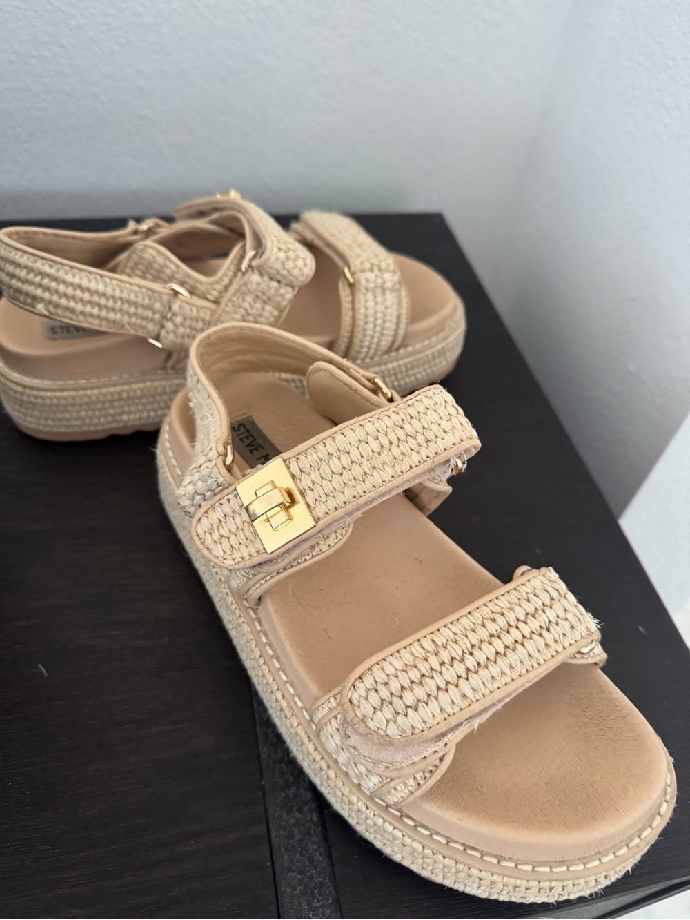 Steve Madden Neutral Woven Platform Sandals with Gold Buckle